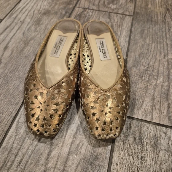 Jimmy Choo Gold Laser Cut Star Mules Flats Size 40 (US 10) Metallic Leather Y2K - Picture 2 of 10